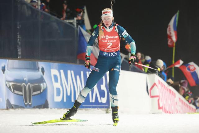 Finland's Suvi Minkkinen competes in the women's 12.5 km mass start competition of the IBU Biathlon World Cup in Nove Mesto, Czech Republic, on January 25, 2026. (Photo by Radek MICA / AFP)