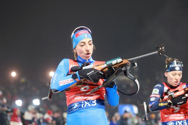 Italy's Lisa Vittozzi competes in the women's 12.5 km mass start competition of the IBU Biathlon World Cup in Nove Mesto, Czech Republic, on January 25, 2026. (Photo by Radek MICA / AFP)