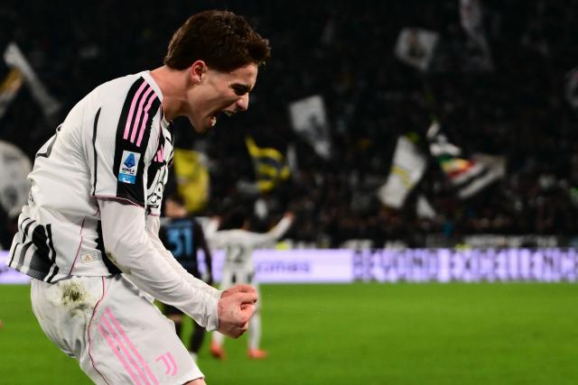 Juventus' Turkish forward #10 Kenan Yildiz celebrates after scoring a goal during the Italian Serie A football match between Juventus and Napoli at the Allianz Stadium in Turin on January 25, 2026. (Photo by MARCO BERTORELLO / AFP)