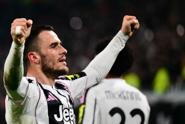 Juventus' Serbian midfielder #18 Filip Kostic celebrates after scoring a goal during the Italian Serie A football match between Juventus and Napoli at the Allianz Stadium in Turin on January 25, 2026. (Photo by MARCO BERTORELLO / AFP)