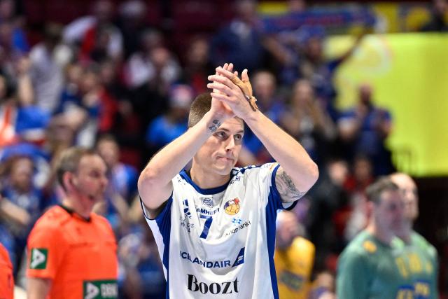 Iceland's right back #07 Viggo Kristjansson celebrates after the men's EHF Euro 2026 main round handball match Iceland v Sweden in Malmoe, Sweden, on January 25, 2026. (Photo by Johan Nilsson/TT / TT News Agency / AFP) / Sweden OUT