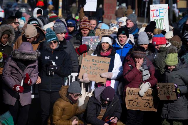 Protesters against Immigration and Customs Enforcement (ICE) march through the streets of downtown Minneapolis, Minnesota, on January 25, 2026. On January 24, federal agents shot dead US citizen Alex Pretti, a 37-year-old ICU nurse, while scuffling with him on an icy roadway, less than three weeks after an immigration officer shot and killed Renee Good, also 37, in her car. His killing sparked new protests and impassioned demands by local leaders for the Trump administration to end its operation in the city. (Photo by ROBERTO SCHMIDT / AFP)