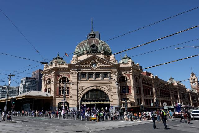 Demonstrators gather to take part in the annual "Invasion Day" protest march through the streets of Melbourne on Australia Day on January 26, 2026. (Photo by Izhar KHAN / AFP)