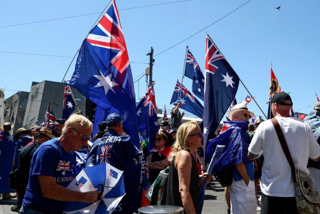 Demonstrators gather to take part in the annual "Invasion Day" protest march through the streets of Melbourne on Australia Day on January 26, 2026. (Photo by Izhar KHAN / AFP)