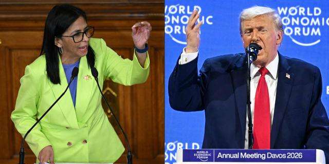 (COMBO) This combination of pictures created on January 25, 2026 shows Venezuela's interim President Delcy Rodriguez gestures as she speaks during a presidential address to Parliament at the National Assembly in Caracas on January 15, 2026, and US President Donald Trump gestures as he delivers a special address during the World Economic Forum (WEF) annual meeting in Davos on January 21, 2026. On January 25, 2026, the interim president of Venezuela, Delcy Rodrнguez, said, “Enough of Washington's orders,” referring to the country that bombed Venezuela three weeks ago and deposed President Nicolas Maduro. (Photo by Federico PARRA and Fabrice COFFRINI / AFP)