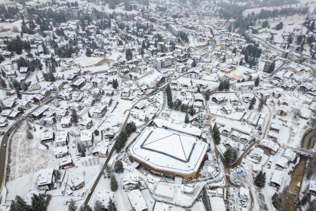 (FILES) This aerial view shows the Olympic stadium hosting the curling competitions in Cortina d'Ampezzo, northern Italy prior to the Milano Cortina 2026 Olympic Games, on January 24, 2026. (Photo by Odd ANDERSEN / AFP)