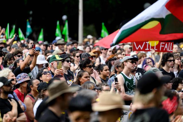 Protesters take part in the annual "Invasion Day" rally, organised on Australia Day, in Sydney on January 26, 2026. (Photo by Steven Markham / AFP)