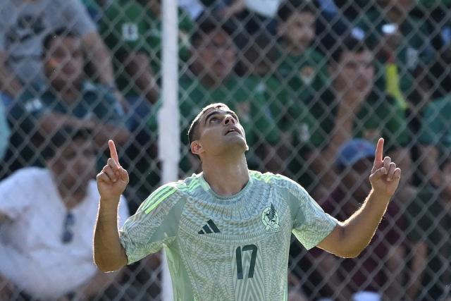 Mexico's forward #17 German Berterame celebrates scoring his team's first goal during the international friendly football match between Bolivia and Mexico at the Ramon Aguilera Costa Stadium in Santa Cruz de la Sierra, Bolivia on January 25, 2026. (Photo by Aizar RALDES / AFP)