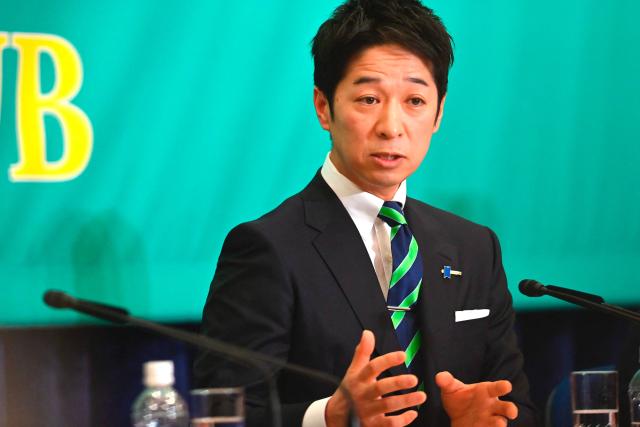 Japan Innovation Party co-leader Fumitake Fujita speaks during the Panel Discussion by the Leaders of 7 Parties at the Japan National Press Club (JNPC) in Tokyo on January 26, 2026. (Photo by David Mareuil / POOL / AFP)