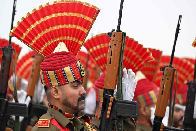An Indian Border Security Force (BSF) soldier takes part in India's 77th Republic Day celebrations in Srinagar on January 26, 2026. (Photo by Tauseef MUSTAFA / AFP)