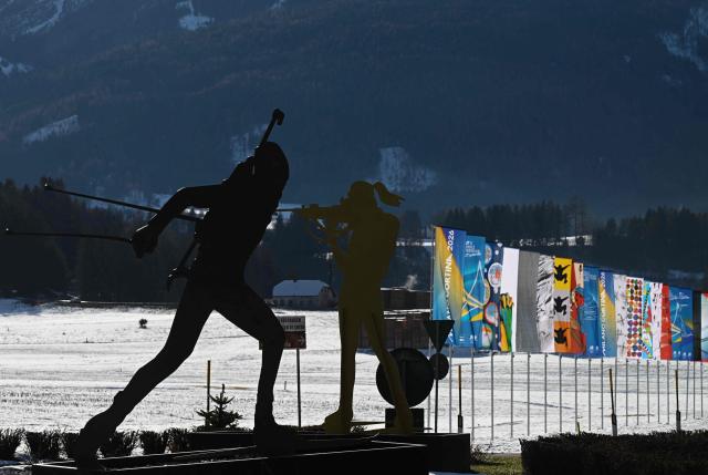 (FILES) A sculpture depicts a biathlon race nearby Antholz-Anterselva, on December 12, 2025. Antholz will host the competition during Milano Cortina 2026 Olympic Games from February 6 to February 22, 2026. (Photo by Stefano RELLANDINI / AFP)
