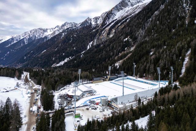 (FILES) This aerial view shows the Biathlon venue in Antholz, northern Italy, prior to the Milano Cortina 2026 Olympic Games, on January 23, 2026. (Photo by Odd ANDERSEN / AFP)