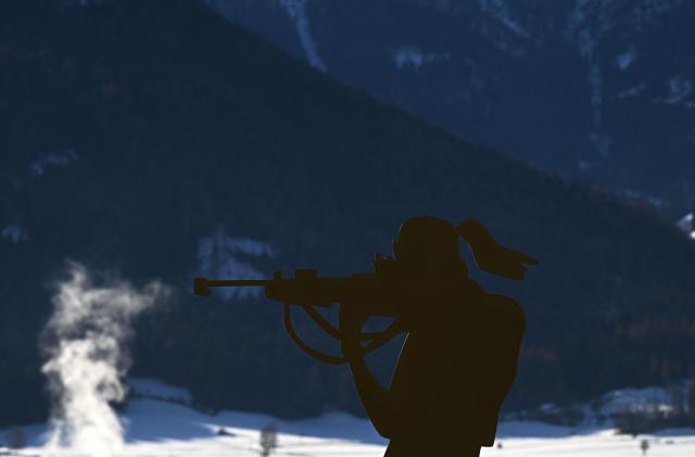 (FILES) A picture shows a sculpture depicting a biathlon race nearby Antholz-Anterselva, on December 12, 2025. Antholz will host the competition during Milano Cortina 2026 Olympic Games from February 6 to February 22, 2026. (Photo by Stefano RELLANDINI / AFP)