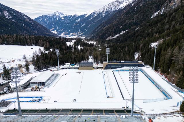 (FILES) This aerial view shows the Biathlon venue in Antholz, northern Italy, prior to the Milano Cortina 2026 Olympic Games, on January 23, 2026. (Photo by Odd ANDERSEN / AFP)