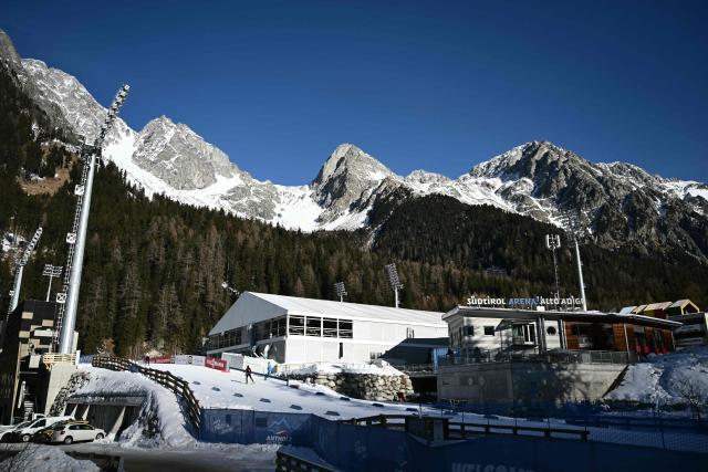 (FILES) A picture taken on January 24, 2025 shows the Biathlon Arena in Anterselva / Antholz the IBU Biathlon World Cup.  Antholz will host the competition during Milano Cortina 2026 Olympic Games from February 6 to February 22, 2026. (Photo by Marco BERTORELLO / AFP)