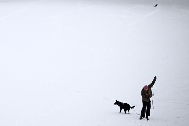 A woman walks her dog after snow fell on Frankfurt am Main, western Germany, on January 26, 2026 as the air temperature reached 1 degrees Celsius above zero. (Photo by Kirill KUDRYAVTSEV / AFP)