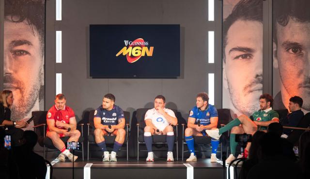Wales' Dewi Lake (L), Scotland's captain Sione Tuipulotu, England's Jamie George, Italy's Michele Lamaro, Ireland's Caelan Doris and France's Antoine Dupont attend a press conference during the 6 Nations rugby union tournament media launch in Edinburgh, Scotland on January 26, 2026. (Photo by LESLEY MARTIN / AFP)