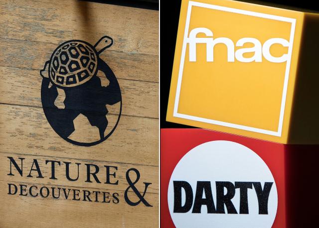 (COMBO) This combination of pictures created on January 26, 2026 shows a logo of Nature & Decouvertes French retail chain on a store in Paris on January 26, 2026 and logos of FNAC and Darty French multinational retail chains in Paristaken on December 13, 2017. Fnac Darty announced on January 26, 2026 that it is seeking to divest itself of the retailer Nature & Découvertes, which it acquired in 2019 but whose difficulties are weighing down the group's accounts. (Photo by Sebastien DUPUY and JOEL SAGET / AFP)