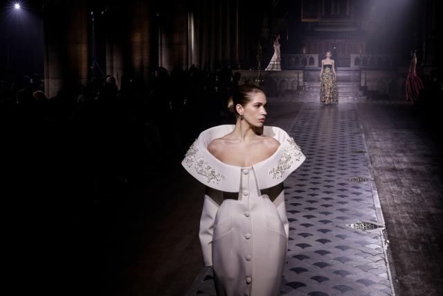 A model presents a creation by Georges Hobeika during the Women's Haute Couture Spring/Summer 2026 collection fashion show as part of the Paris Haute Couture Fashion Week, in Paris, on January 26, 2026. (Photo by GEOFFROY VAN DER HASSELT / AFP)