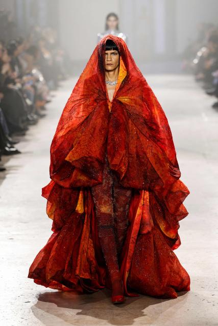 A model presents a creation by Rahul Mishra during the Women's Haute Couture Spring/Summer 2026 collection fashion show as part of the Paris Haute Couture Fashion Week, in Paris, on January 26, 2026. (Photo by GEOFFROY VAN DER HASSELT / AFP)