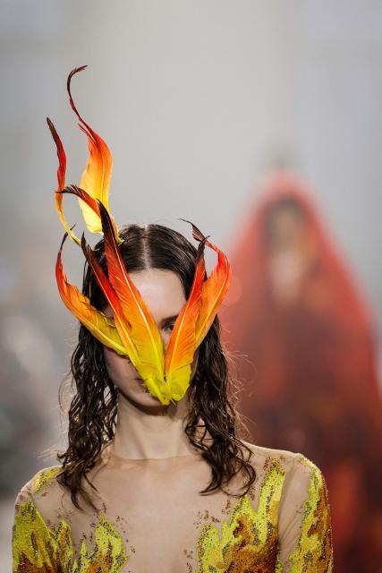 A model presents a creation by Rahul Mishra during the Women's Haute Couture Spring/Summer 2026 collection fashion show as part of the Paris Haute Couture Fashion Week, in Paris, on January 26, 2026. (Photo by GEOFFROY VAN DER HASSELT / AFP)