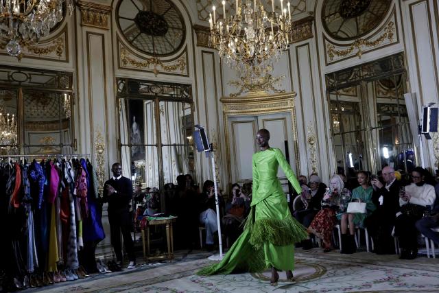 A model presents a creation by Imane Ayissi during the Women's Haute Couture Spring/Summer 2026 collection fashion show as part of the Paris Haute Couture Fashion Week, in Paris, on January 26, 2026. (Photo by STEPHANE DE SAKUTIN / AFP)