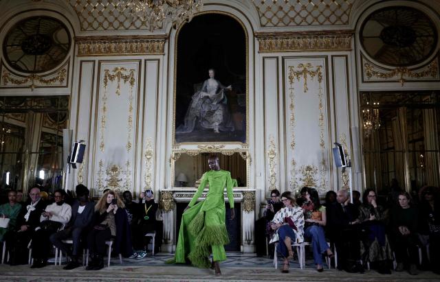 A model presents a creation by Imane Ayissi during the Women's Haute Couture Spring/Summer 2026 collection fashion show as part of the Paris Haute Couture Fashion Week, in Paris, on January 26, 2026. (Photo by STEPHANE DE SAKUTIN / AFP)