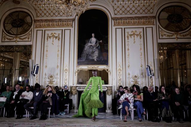 A model presents a creation by Imane Ayissi during the Women's Haute Couture Spring/Summer 2026 collection fashion show as part of the Paris Haute Couture Fashion Week, in Paris, on January 26, 2026. (Photo by STEPHANE DE SAKUTIN / AFP)