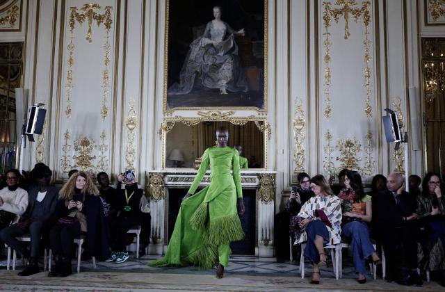 A model presents a creation by Imane Ayissi during the Women's Haute Couture Spring/Summer 2026 collection fashion show as part of the Paris Haute Couture Fashion Week, in Paris, on January 26, 2026. (Photo by STEPHANE DE SAKUTIN / AFP)