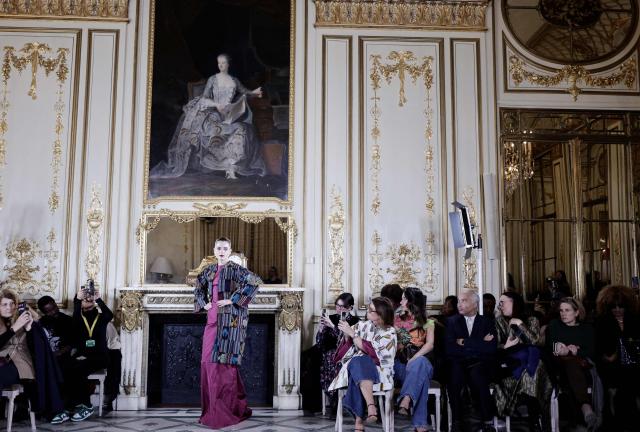 A model presents a creation by Imane Ayissi during the Women's Haute Couture Spring/Summer 2026 collection fashion show as part of the Paris Haute Couture Fashion Week, in Paris, on January 26, 2026. (Photo by STEPHANE DE SAKUTIN / AFP)