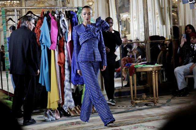A model presents a creation by Imane Ayissi during the Women's Haute Couture Spring/Summer 2026 collection fashion show as part of the Paris Haute Couture Fashion Week, in Paris, on January 26, 2026. (Photo by STEPHANE DE SAKUTIN / AFP)