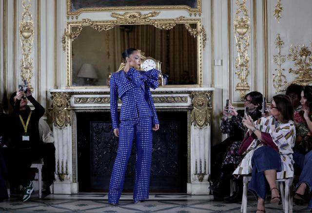 A model presents a creation by Imane Ayissi during the Women's Haute Couture Spring/Summer 2026 collection fashion show as part of the Paris Haute Couture Fashion Week, in Paris, on January 26, 2026. (Photo by STEPHANE DE SAKUTIN / AFP)