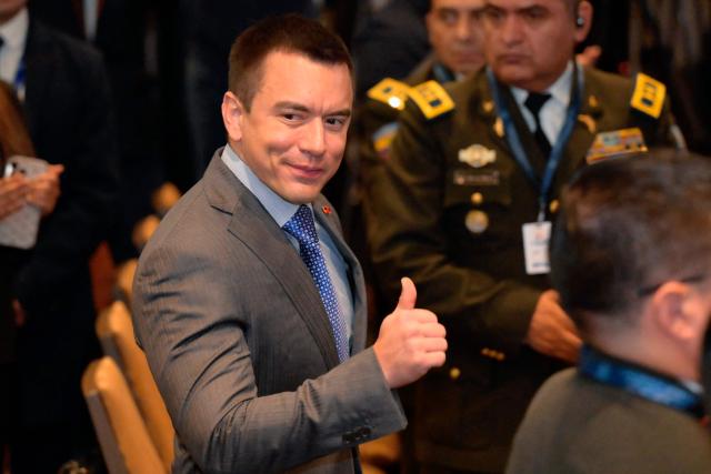Ecuador’s President Daniel Noboa arrives for the inauguration of the international conference on synthetic drugs in Quito on January 26, 2026. (Photo by Rodrigo BUENDIA / AFP)