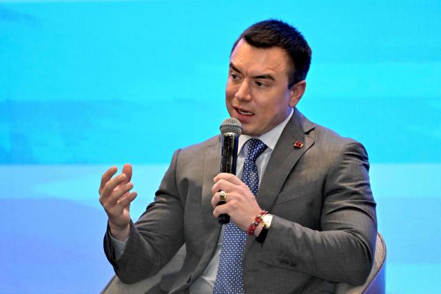 Ecuador’s President Daniel Noboa speaks during the inauguration of the international conference on synthetic drugs in Quito on January 26, 2026. (Photo by Rodrigo BUENDIA / AFP)