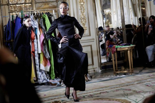 A model presents a creation by Imane Ayissi during the Women's Haute Couture Spring/Summer 2026 collection fashion show as part of the Paris Haute Couture Fashion Week, in Paris, on January 26, 2026. (Photo by STEPHANE DE SAKUTIN / AFP)