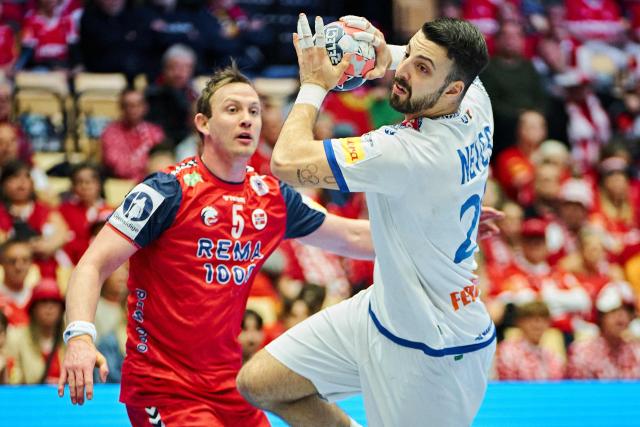 Portugal's left back #20 Miguel Neves shoots during the men's EHF Euro 2026 main round handball match Portugal vs Norway in Herning, Denmark, on January 26, 2026. (Photo by Thomas Traasdahl / Ritzau Scanpix / AFP) / Denmark OUT