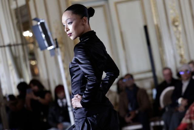 A model presents a creation by Imane Ayissi during the Women's Haute Couture Spring/Summer 2026 collection fashion show as part of the Paris Haute Couture Fashion Week, in Paris, on January 26, 2026. (Photo by STEPHANE DE SAKUTIN / AFP)