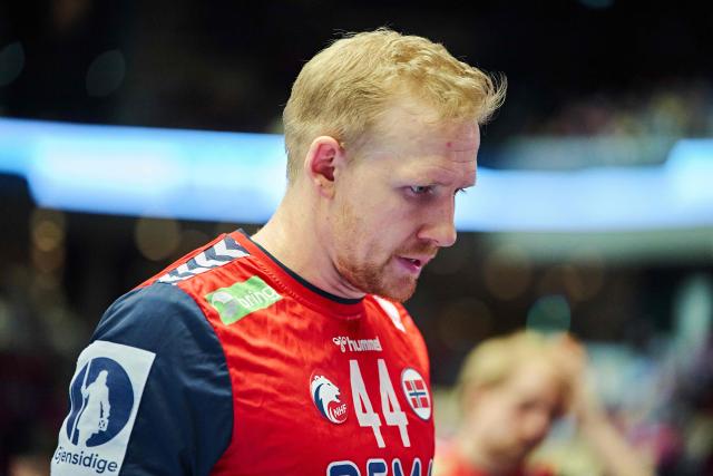 Norway's right winger #44 Kevin Maagero Gulliksen reacts during the men's EHF Euro 2026 main round handball match Portugal vs Norway in Herning, Denmark, on January 26, 2026. (Photo by Thomas Traasdahl / Ritzau Scanpix / AFP) / Denmark OUT