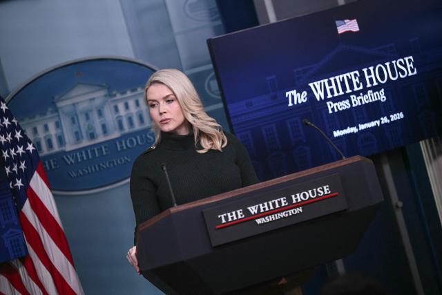 White House Press Secretary Karoline Leavitt looks on during a press briefing in the Brady Briefing Room of the White House in Washington, DC, on January 26, 2026. (Photo by Brendan SMIALOWSKI / AFP)