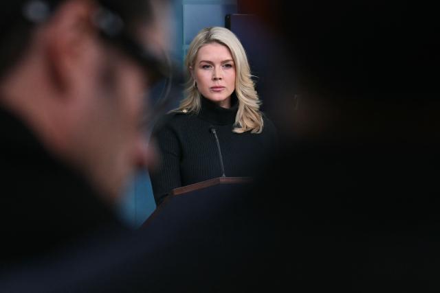White House Press Secretary Karoline Leavitt looks on during a press briefing in the Brady Briefing Room of the White House in Washington, DC, on January 26, 2026. (Photo by Brendan SMIALOWSKI / AFP)