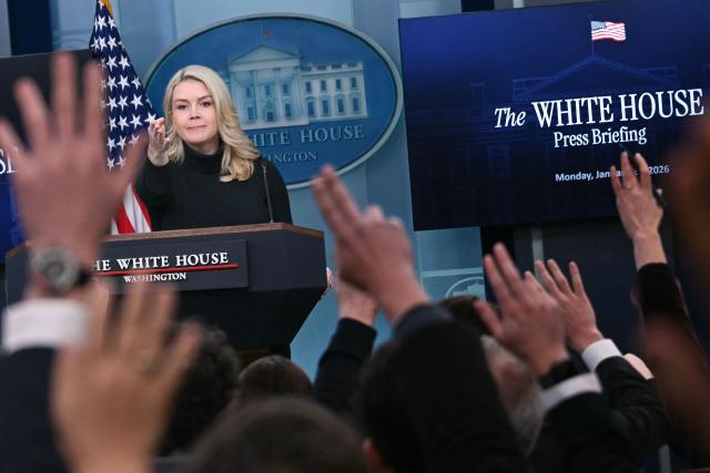 White House Press Secretary Karoline Leavitt takes questions from reporters during a press briefing in the Brady Briefing Room of the White House in Washington, DC, on January 26, 2026. (Photo by Brendan SMIALOWSKI / AFP)