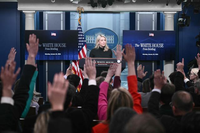White House Press Secretary Karoline Leavitt takes questions from reporters during a press briefing in the Brady Briefing Room of the White House in Washington, DC, on January 26, 2026. (Photo by Brendan SMIALOWSKI / AFP)