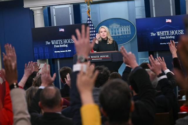 White House Press Secretary Karoline Leavitt takes questions from reporters during a press briefing in the Brady Briefing Room of the White House in Washington, DC, on January 26, 2026. (Photo by Brendan SMIALOWSKI / AFP)