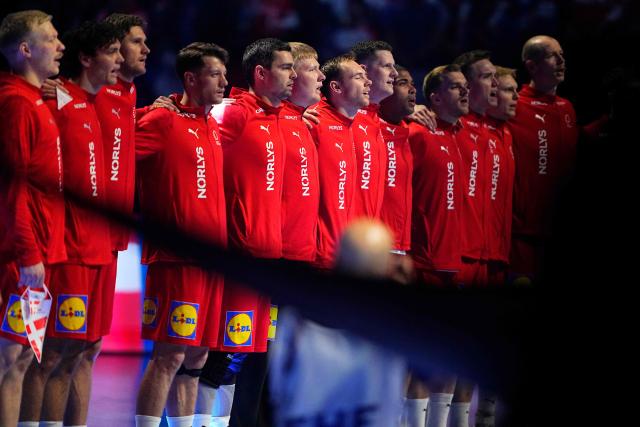 Denmark's players gather prior the men's EHF Euro 2026 main round handball match Germany vs Denmark in Herning, Denmark, on January 26, 2026. (Photo by Bo Amstrup / Ritzau Scanpix / AFP) / Denmark OUT