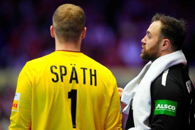 Germany's goalkeeper #01 David Spaeth and Germany's goalkeeper #33 Andreas Wolff react during the men's EHF Euro 2026 main round handball match Germany vs Denmark in Herning, Denmark, on January 26, 2026. (Photo by Bo Amstrup / Ritzau Scanpix / AFP) / Denmark OUT