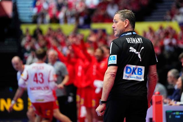 Germany's coach Alfred Gislason reacts during the men's EHF Euro 2026 main round handball match Germany vs Denmark in Herning, Denmark, on January 26, 2026. (Photo by Bo Amstrup / Ritzau Scanpix / AFP) / Denmark OUT