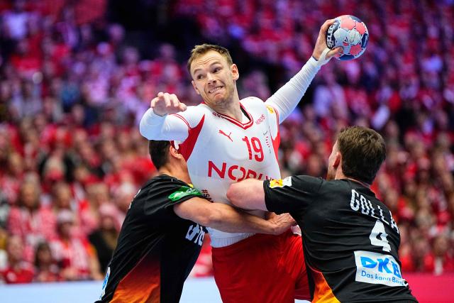Denmark's right back #19 Mathias Gidsel shoots during the men's EHF Euro 2026 main round handball match Germany vs Denmark in Herning, Denmark, on January 26, 2026. (Photo by Bo Amstrup / Ritzau Scanpix / AFP) / Denmark OUT