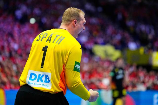 Germany's goalkeeper #01 David Spaeth reacts during the men's EHF Euro 2026 main round handball match Germany vs Denmark in Herning, Denmark, on January 26, 2026. (Photo by Bo Amstrup / Ritzau Scanpix / AFP) / Denmark OUT