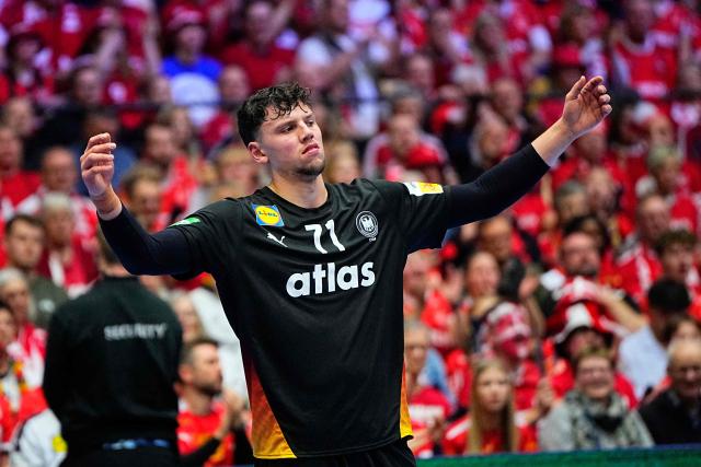Germany's left back #71 Marko Grgi reacts during the men's EHF Euro 2026 main round handball match Germany vs Denmark in Herning, Denmark, on January 26, 2026. (Photo by Bo Amstrup / Ritzau Scanpix / AFP) / Denmark OUT