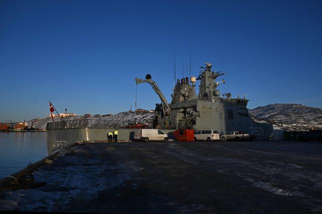 A photo shows the HDMS Ejnar Mikkelsen (p571) Royal Danish Navy patrol vessel on the harbour of Nuuk, Greenland, on January 26, 2026. HDMS Knud Rasmussen (P570) and HDMS Ejnar Mikkelsen (P571), Royal Danish Navy patrol vessels, are moored in the harbour. They are employed to exercise Danish sovereignty in the waters around the Faroe Islands and Greenland. (Photo by Ina FASSBENDER / AFP)